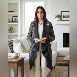 Line Knitwear Blue Striped Asymmetrical Cardigan M